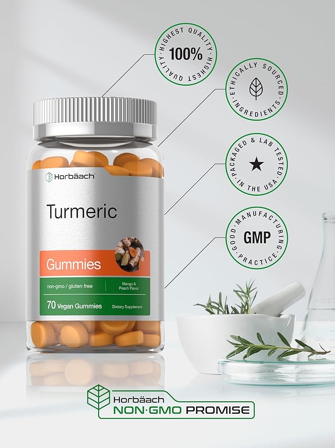 Horbäach Turmeric Gummies | 70 Count | Mango & Peach Flavor | Turmeric Curcumin with Ginger | Vegan Non-GMO & Gluten Free Supplement