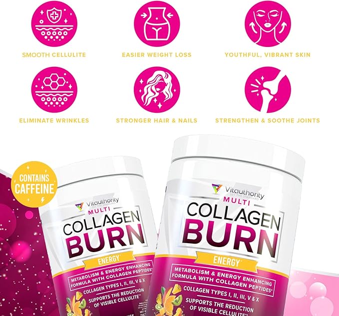 Multi Collagen Burn: MultiType Hydrolyzed Protein Peptides with Hyaluronic Acid, Vitamin C, SOD B Dimpless, Types I, II, III, V and X, with Caffeine 30 Servings Tropical Punch Flavored