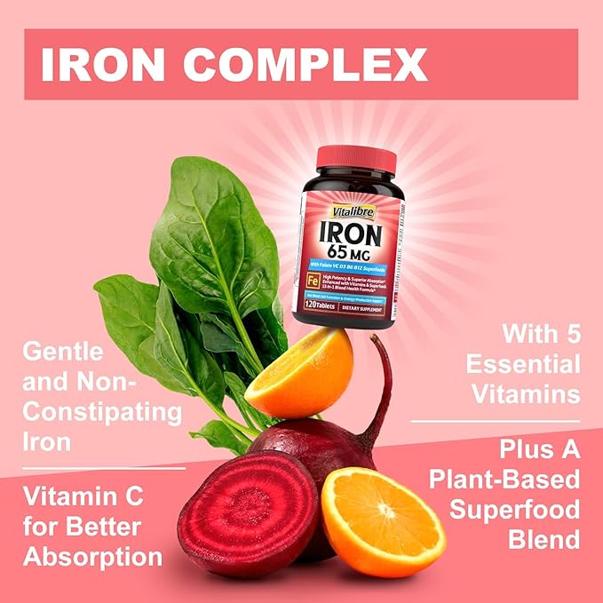 Iron Supplement for Women & Men, 65 mg, Ferrous Sulfate, Vitamin C, D3, B6, B12, Folate, Beet Root, Spinach, Pumpkin Seeds, Nettle, for Red Blood Cell & Energy Production, 120 Tablets