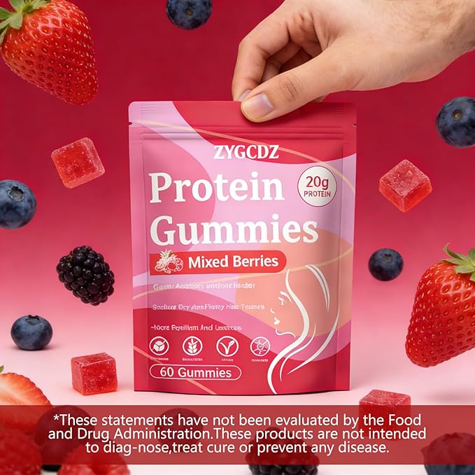 Protein Gummies for Women & Men, 20g Protein per Serving, Zero Sugar, Vegan, Supports Hair Skin Nails Health with Collagen, Energy Boosting Supplement, Mixed Berries Flavor, 60 Gummies (1) (1)