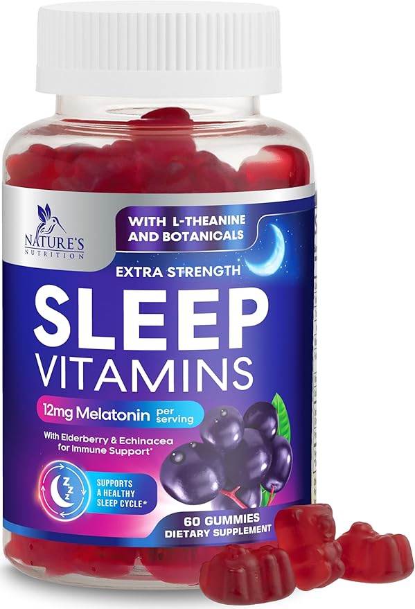 Sleep Gummies with Melatonin 12 mg Per Serving - Extra Strength Sleep Vitamin Gummy, Natural Melatonin Gummy, Occasional Sleep Support Supplement for Adults, Vegan, Gomitas para Dormir - 60 Gummies