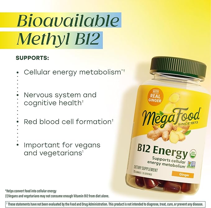 MegaFood Vitamin B12 Energy Gummies - Vegan - With Methyl B12 Vitamins to Support Cellular Energy Production - Ginger - Daily Vitamin B12 Supplement - USDA Organic - 70 Gummies, 35 Servings