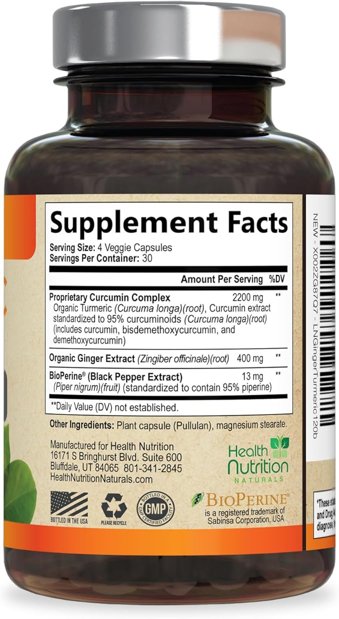 Turmeric Curcumin Supplement - 2200mg Curcumin Complex & 400mg Organic Ginger per Serving - 95% Curcuminoids & BioPerine Black Pepper for Best Absorption & Joint Support, Bottled in USA - 120 Capsules