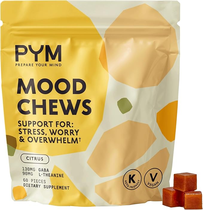 PYM Citrus Mood Chews Support for Stress, Worry & Overwhelm, 60 Count | 130mg GABA, 90mg L-Theanine | Vegan,Non-GMO, Gluten-Free,No Added Sugar | All-Natural Mood Balance Supplement in Resealable Bag