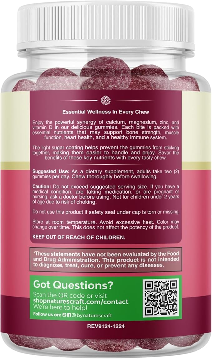 Calcium Magnesium Zinc Gummies - Magnesium Zinc Calcium Supplement Gummies with Vitamin D3 for Teeth and Bone Health - Certified Kosher Non-GMO Gelatin Free & Vegetarian Friendly 60 Count (Pack of 2)
