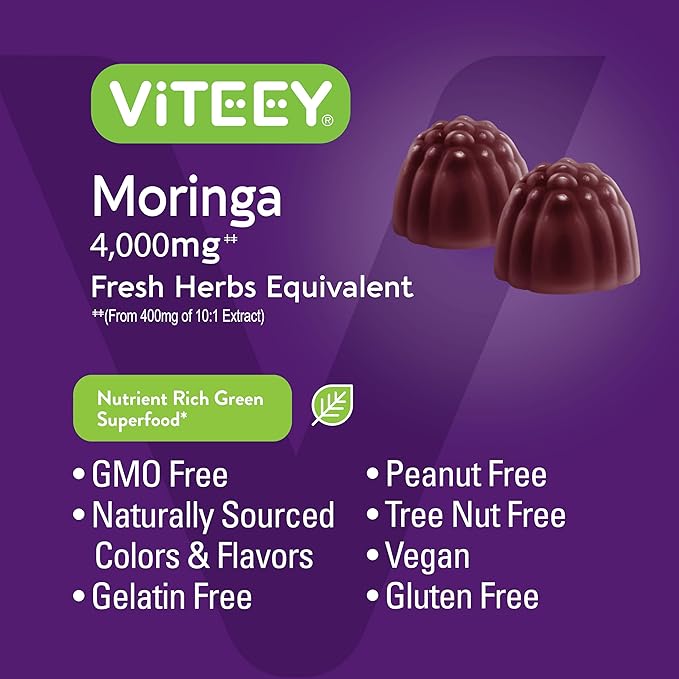 Viteey Moringa Gummies - 4,000mg [from 400mg of 10:1 Extract] of Moringa Supplement Super Greens Gummies - Antioxidant Wellness and Digestive Support - Vegan, Gluten Free - 60 Count