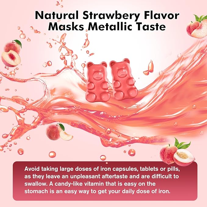 Iron Supplement for Women & Men Gummies, Multivitamin Blood Builder Iron Supplement with Folate Vitamin C B12 B6 Zinc for Adults & Kids - Energy Support - Peach Flavor, Vegan 60 Gummies