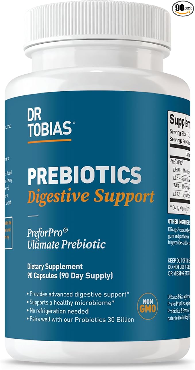 Dr. Tobias Prebiotics Digestive Support, Advanced Prebiotic Supplement for Gut Health, Immune Function & Boost for Probiotics for Women & Men, Vegan, Non-GMO, 90 Capsules, 90 Servings