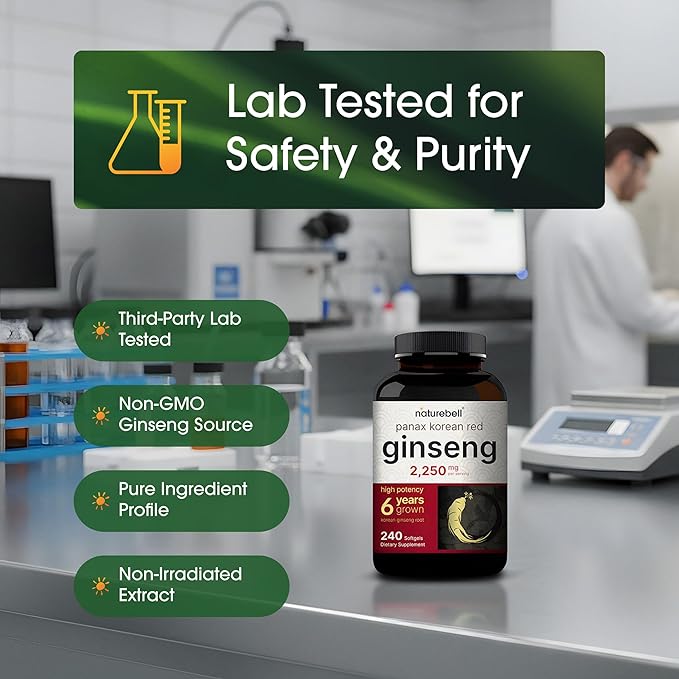 NatureBell Panax Korean Red Ginseng - 240 Softgels - 2,250mg High Strength Herbal Vitality Support* - Standardized 10% Ginsenosides from Six-Year-Old Ginseng Root - Energy & Immune Support*