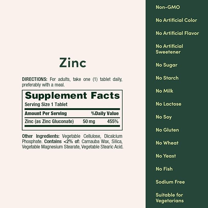 Nature’s Bounty Zinc 50mg, Immune Support & Antioxidant Supplement, Promotes Skin Health, 1 Caplet Per Day, Gluten Free, 250 Vegetarian Caplets