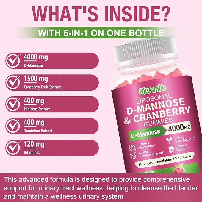 2 Pack Liposomal D-Mannose Gummies 4000mg Complex Cranberry 1500mg & Hibiscus,High-Potency Formula for Women Urinary Tract & Immune Support,Liver, Bladder Flush Cleanse Wellness Supplement