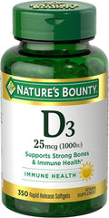 Nature's Bounty Vitamin D3 1000 IU Softgels, Immune Support, Promotes Healthy Bones, 1 Softgel per Day, Gluten Free, 350 Count