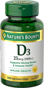 Nature's Bounty Vitamin D3 1000 IU Softgels, Immune Support, Promotes Healthy Bones, 1 Softgel per Day, Gluten Free, 350 Count