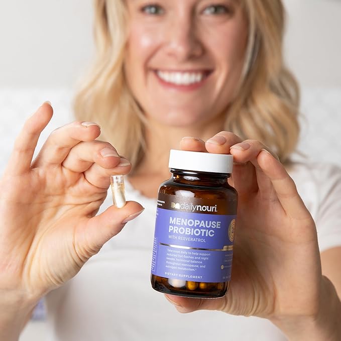 Daily Nouri Menopause Probiotics for Women | Hormonal Balance, Hot Flashes, Night Sweats & Gut Health | 3 Clinically Studied Strains + Resveratrol & Omega | 60-Day Supply