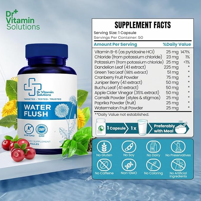 Diuretic Water Pills - Water Flush - Bloating Relief for Women & Men, Swelling & Water Retention | Natural Green Tea, Dandelion Leaf & Cranberry Detox, Water Weight Support, 50 Caps