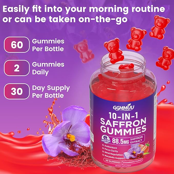 Saffron Supplement Gummies, 10-in-1 Cortisol Supplement with Saffron 88.5mg, Magnesium, Rhodiola Rosea, Ashwagandha, L-Theanine, St. John's Wort, for Calm, Focus & Relaxation, 60 Count