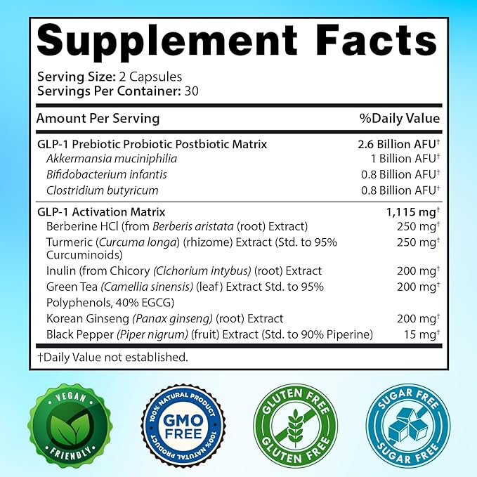 GLP-1 XLR8 Supplement for Weight Loss, Digestion, Constipation, Bloating Relief with Akkermansia 2.6 Billion AFU Live Prebiotic Probiotic Postbiotic Gut Health + Berberine for Women Men 60 Capsules