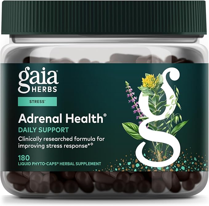 Gaia Herbs Adrenal Health Daily Support - Herbal Supplement with Ashwagandha, Holy Basil & Schisandra - Help Maintain Healthy Energy & Stress Levels* - 180 Vegan Liquid Phyto-Caps (90 Servings)