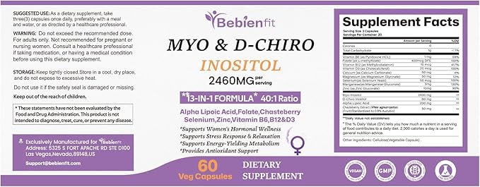 13-in-1 Myo Inositol & D-Chiro Inositol for Women,2460mg-40:1 Ratio Supplement Plus Alpha Lipoic Acid/Folate/Vitex/Magnesium,60 Vegan Capsules