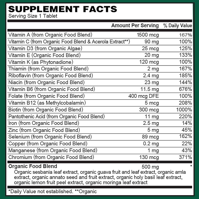 PlantFusion Organic Multivitamin for Women with Iron, One Daily Vegan Multivitamin with Plant Based B12, D3 & Whole Food Blend for Energy & Immune Support - 30 Tablets (1 Month Supply)