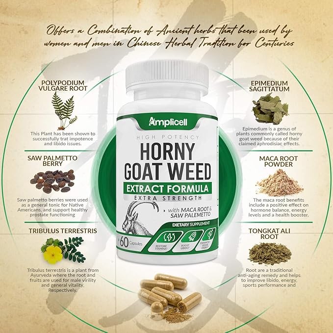 Horny Goat Weed Complex Supplement with Maca Root, Tongkat Ali, L-Arginine & Panax Ginseng – Energy, Stamina, Circulation & Vitality Support for Men & Women – Herbal Adaptogen Blend – 60 Capsules