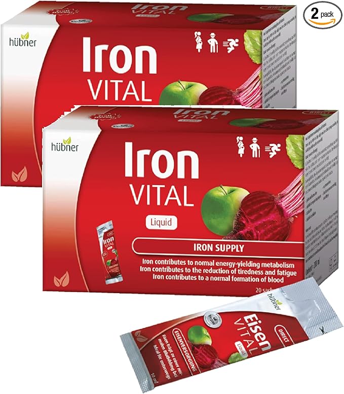 hübner Iron Vital Liquid Iron Supply Plus Vitamin C, Dietary Supplement for Adults and Kids, Vegan and Gluten-Free, Fruit Flavor, Box of 20 Packets, 10 ml Each - 2 Pack (40 Packets)