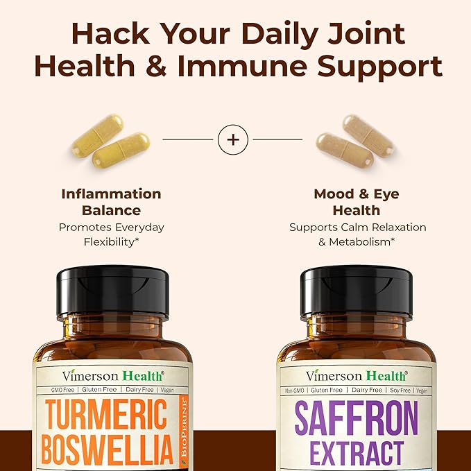 Boswellia Turmeric Curcumin Supplement + Pure Saffron Supplements for Women & Men Bundle – Supports Joint Health, Mood & Calm, Eye Health – with Ginger Root, Organic Turmeric Powder, Saffron Extract