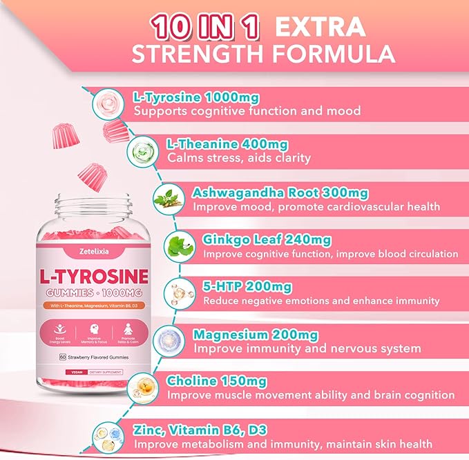 L Tyrosine Gummies, L-Tyrosine Supplement, 10-in-1 Tyrosine Gummies with Vitamin B6 D3, Tyrosine Supplement Support Cognitive, Memory, Energy, Mood for Adult & Kids, Strawberry Flavor, 60 Ct