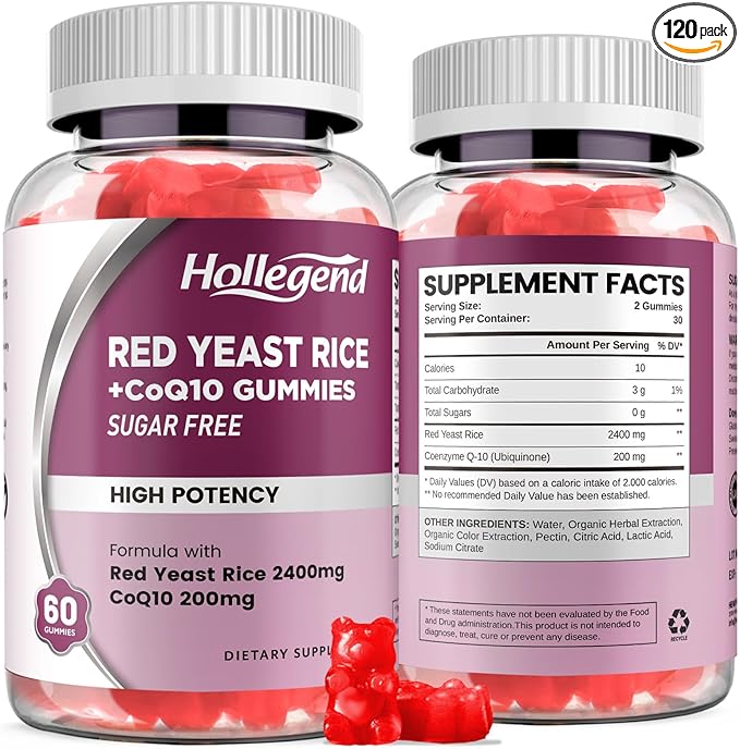 Red Yeast Rice with Coq10 Gummies Sugar Free,Organic Red Yeast Rice 2400mg Enhanced with Coenzyme Q10 200mg, Vegan, Non-GMO, 120 Chewables