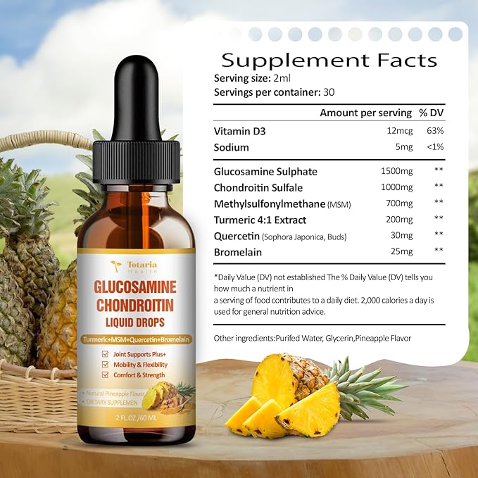 Totaria Glucosamine Chondroitin MSM Liquid Drops FSA-HSA - Joint Support Supplement for Mobility, Flexibility & Bones Chondroitin Sulfate Supplement Turmeric, Quercetin, Bromelain, MSM Oil 2 FL.OZ