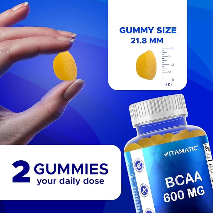 Vitamatic BCAA Gummies - Branch Chain Amino Acid Supplements - Peach Flavor - 600mg per Serving - 60 Vegan Pectin Based Gummies (2 Bottles)