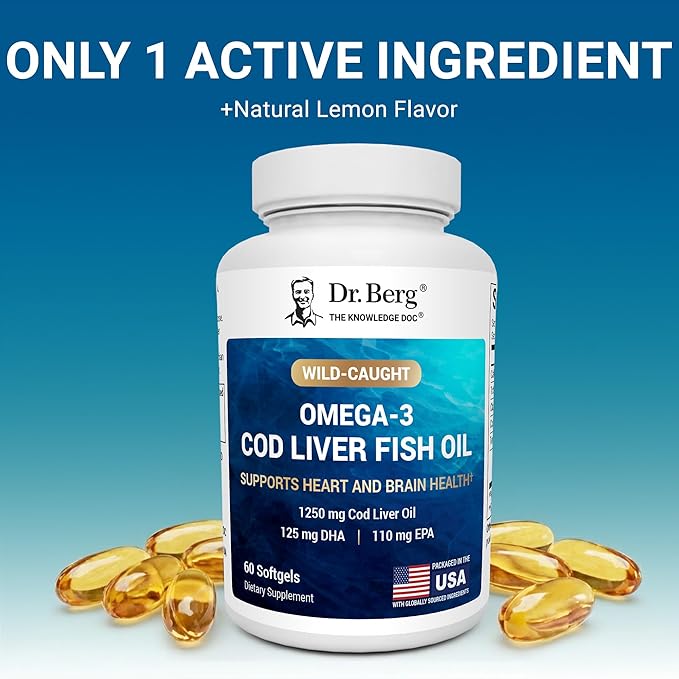 Dr. Berg Omega-3 Cod Liver Fish Oil 60 Softgels – Wild-Caught Icelandic Cod – Omega 3 EPA & DHA – Heart, Brain, Immune & Eye Support* – Lemon Flavor – 4X Lab-Tested – Non-GMO, No Fillers