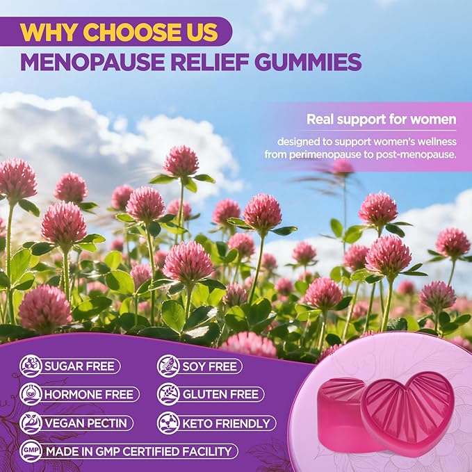 Menopause Supplements for Women Gummies, Hot Flashes & Night Sweats Support, Menopause Relief with Black Cohosh, Chasteberry & Probiotics, Sugar Free, Vegan, Grape Flavor, 60 Count