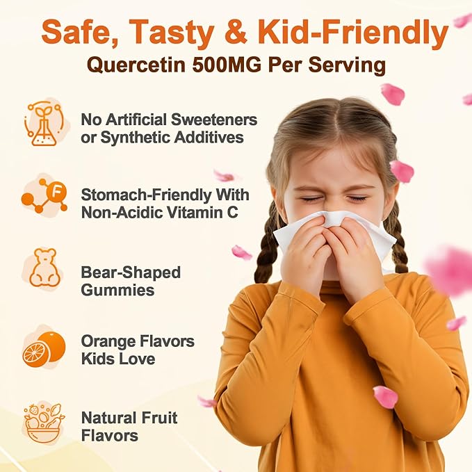Quercetin 500mg Gummies for Kids – with Bromelain, Vitamin C & D3, Stinging Nettle & Licorice, Seasonal Balance & Body Defenses, Vegan, 120 Gummies