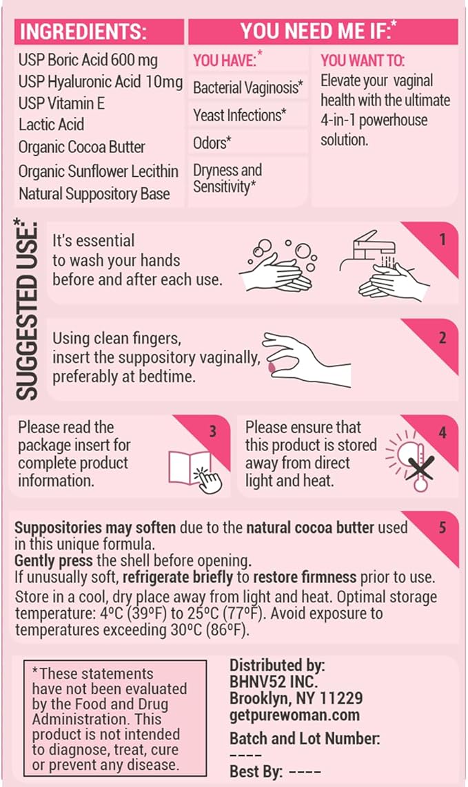 PURE WOMAN - pH-ighter Vaginal Boric Acid Suppositories for Women - Hyaluronic Acid - 4 in 1 Vaginal Suppositories for Discomfort, Dryness, Odor & pH Balance- Full Vaginal Health Care - 10ct
