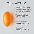 Sports Research® Vitamin D3 + K2 w/Coconut Oil - Vegan Vitamin D 5000iu (125mcg) & Mk7 Vitamin K 100mcg for Bone & Immune Support - Vegan Certified · Non-GMO · Soy Free - 30 Softgels