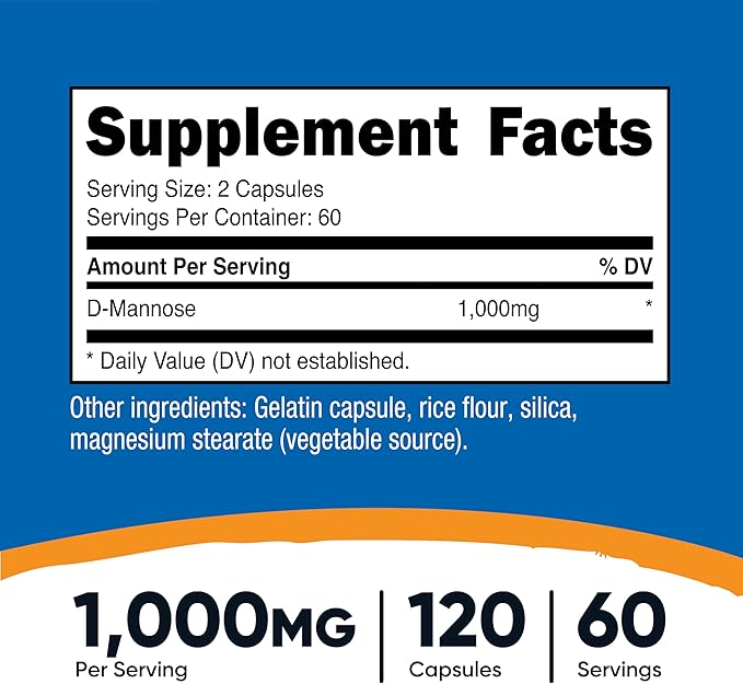 Nutricost D-Mannose 1000mg Per Serving, 120 Capsules - 500mg Per Capsule, Urinary Tract Health, Non-GMO and Gluten Free
