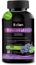 SYLAN Resveratrol Supplement, 1000mg, 180 Veggie Capsules, Antioxidant, Supports Heart, Joint, Brain, Immune Health & Anti-Aging, Non-GMO, Made in USA, Resveratrol 500mg Powder per Capsul
