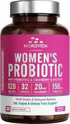Women's Probiotic, 120 Billion & 32 Strains with Cranberry, Prebiotics & Digestive Enzymes, Gut, Vaginal & Urinary Tract Support, 30 Delayed Release Capsules