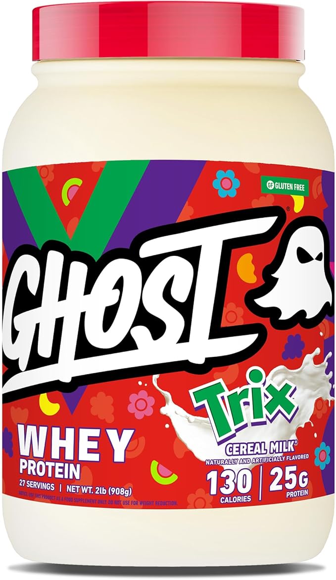GHOST Whey Protein Powder, Trix Cereal Milk - 2LB, 25G of Protein - Whey Protein Isolate & Concentrate Blend - Post Workout Fitness & Nutrition Shakes, Smoothies & Baking - Soy & Gluten-Free