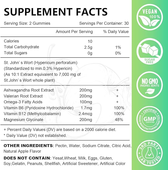 2 Pack St John's Wort Gummies 700mg, Natural Herbal Supplement for Adults & Kids, Support Calm, Relaxation & Brain Health, Vegan, Non-GMO, Gluten Free, Apple Flavor, 120 Count