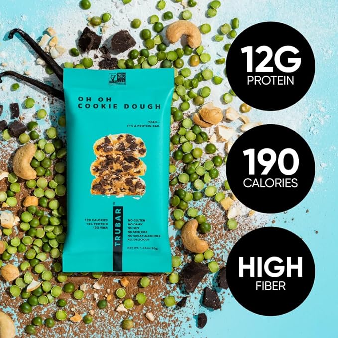 TRUBAR Vegan Protein Bar, Oh Oh Cookie Dough, Gluten Free, Plant Based Protein, Dairy Free, Non GMO, Soy Free, No Sugar Alcohols, 12G Protein, 13G Fiber, Healthy on the Go Snack Bars, 12 CT