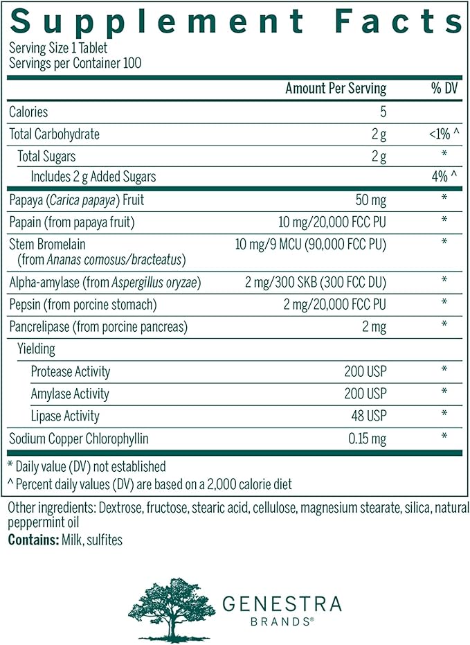 Genestra Brands Bio Enzymes | Complete Digestive Enzymes Formula in Chewable Tablets | 100 Chewable Tablets | Natural Peppermint Flavor