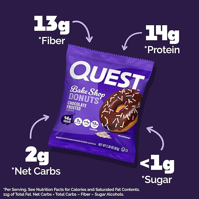 Quest Nutrition Bake Shop, Chocolate Frosted Donuts, 14g Protein, Less than 1g Sugar, Protein Snack, Low Sugar, 9 Count
