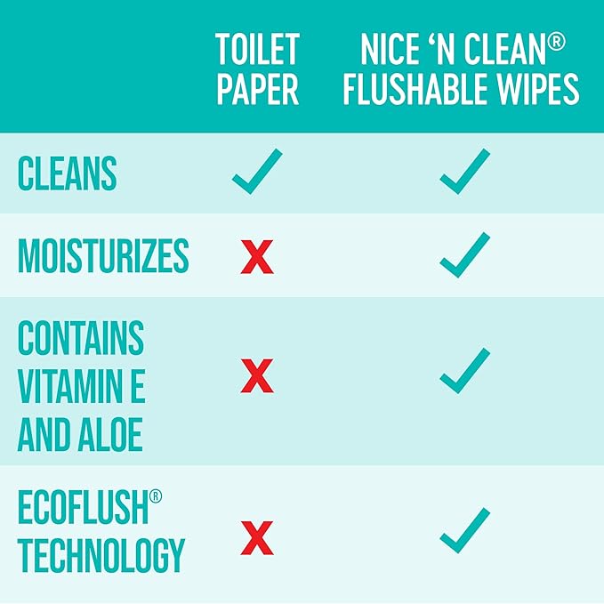 Nice 'N Clean Adult Flushable Wipes (12 x 42 Count) | Personal Cleansing Wipes Made from Plant-Based Fibers | Infused with Aloe & Vitamin E