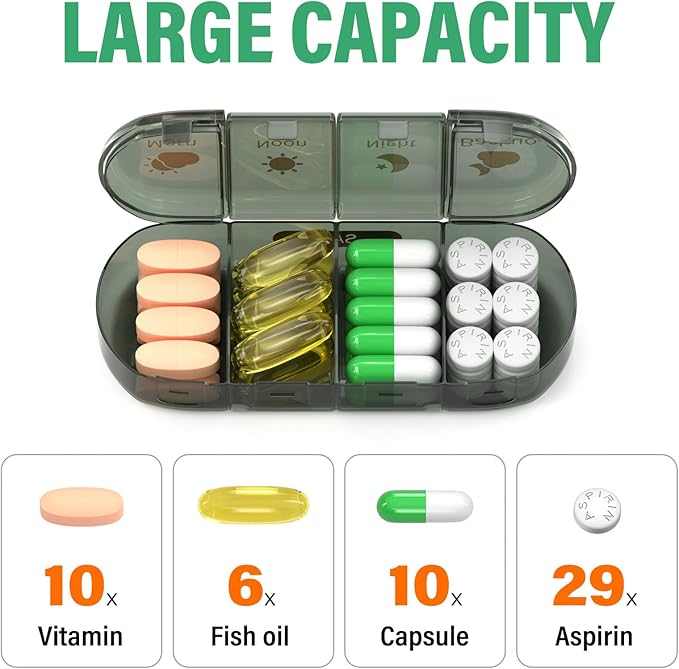 Weekly Pill Organizer 4 Times a Day, 7 Day Pill Box 4X, Portable for Travel Pill Case for Pills/Vitamin/Fish Oil/Medication/Supplements (4x7 Black)