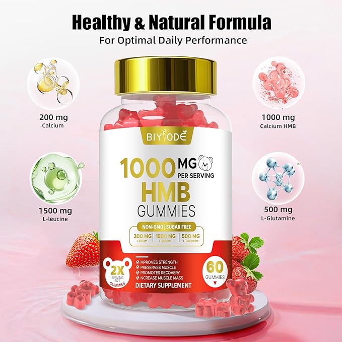 HMB Gummies for Women 1000mg HMB: 1500mg L-Leucine 500mg L-Glutamine Muscle & Bone Support with Calcium Sugar-Free Non-GMO Strawberry Flavor 60 Gummies