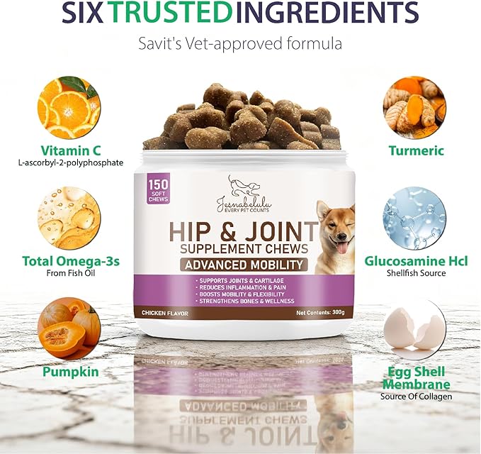 Joint Care Chews for Dogs-High Levels of Glucosamine, Green Lipped Mussels, Omega 3 and Turmeric - Hip and Joint Supplement for Dogs to Helps Ease Discomfort & Stiffness-150 Soft Chews