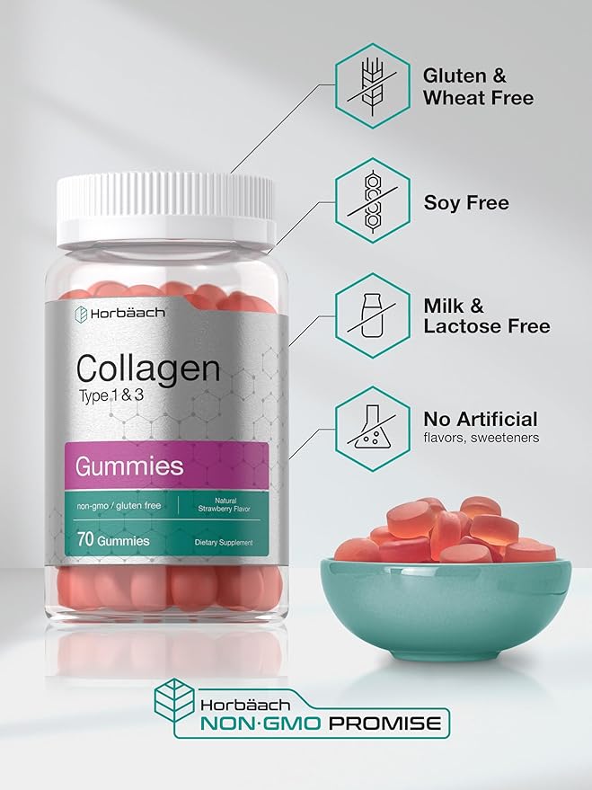 Horbäach Collagen Gummies | 70 Count | Strawberry Flavored Gummy | for Women and Men | Collagen Peptides Type 1 and 3 | Non-GMO, Gluten Free Supplement