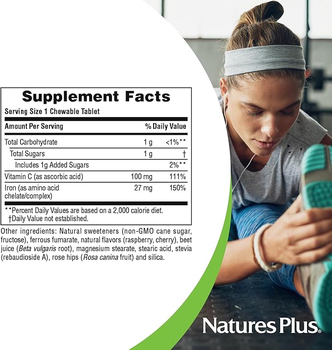 NaturesPlus Chewable Iron, Cherry - 90 Tablets, Pack of 2 - Supports Healthy Blood & Natural Energy Production - High-Potency Supplement with Vitamin C & Herbs - 180 Total Servings